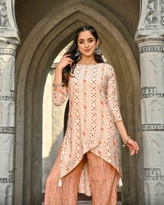High Low Foil Printed Chanderi Kurti Set 2
