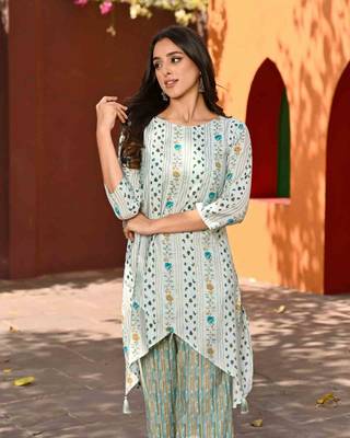 High Low Foil Printed Chanderi Kurti Set 2