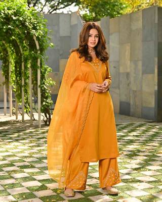 Mustard Hand Embroidered Silk Suit Set 1