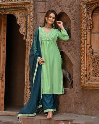 Light Green Hand Embroidered Silk Suit Set 1