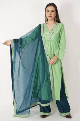 Light Green Hand Embroidered Silk Suit Set 3