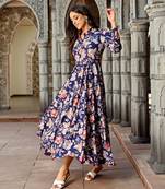 Navy Blue Crepe Crushed Floral Dress