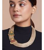 Beige Necklace With Temple Laksmi Pendant