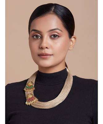 Beige Necklace With Temple Laksmi Pendant 2