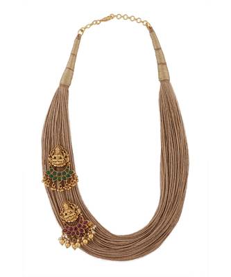 Beige Necklace With Temple Laksmi Pendant 3