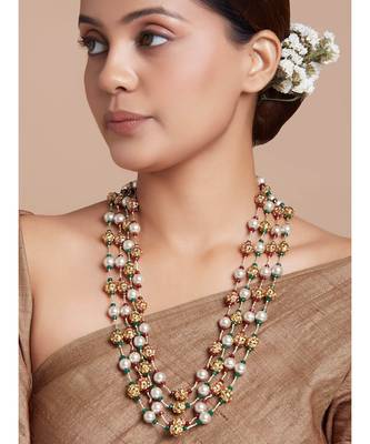 Gold Zari Threaded Necklace With Antique Beads And Shell Pearls 1