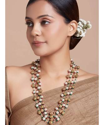 Gold Zari Threaded Necklace With Antique Beads And Shell Pearls 2