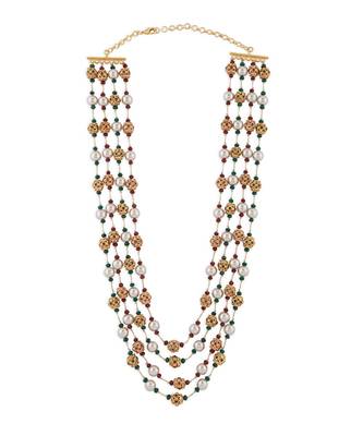 Gold Zari Threaded Necklace With Antique Beads And Shell Pearls 3