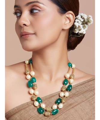 Antique Gold Beads And Green Onyx Tumbles Necklace 1