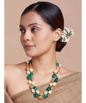 Antique Gold Beads And Green Onyx Tumbles Necklace 2