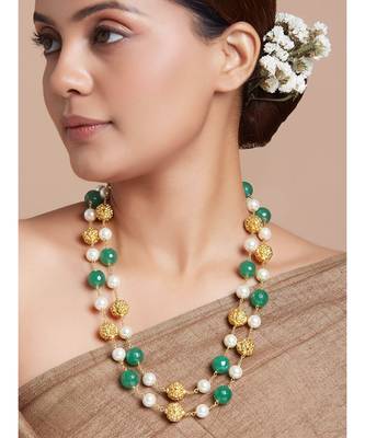 Gold Zari Threaded Necklace With Green Agate Beads And Shell Pearls 1