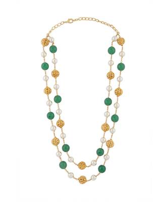 Gold Zari Threaded Necklace With Green Agate Beads And Shell Pearls 3