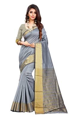 Grey woven chanderi silk saree with blouse 1