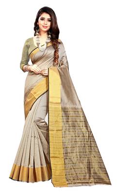 Beige woven chanderi silk saree with blouse 1