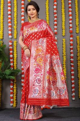 Red Color Soft Silk Wiving Silver Zari Saree 1
