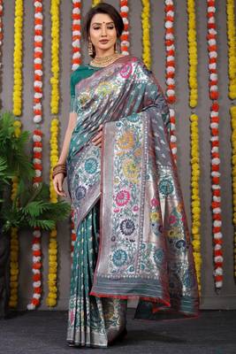 GREEN COLOR Soft Silk Wiving Silver Zari Saree 1