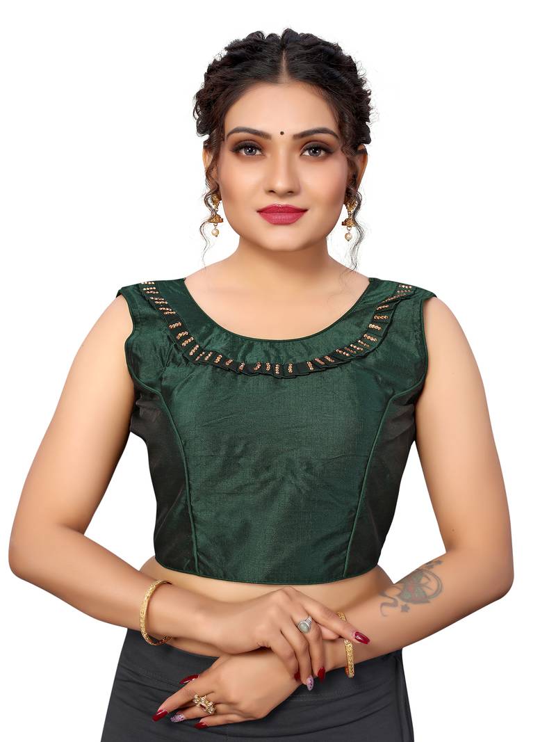 DARK GREEN EMBLISHED WORK BHAGALPURI SILK STITCHED(PADDED) Blouse