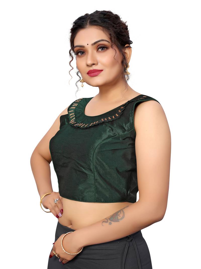 DARK GREEN EMBLISHED WORK BHAGALPURI SILK STITCHED(PADDED) Blouse