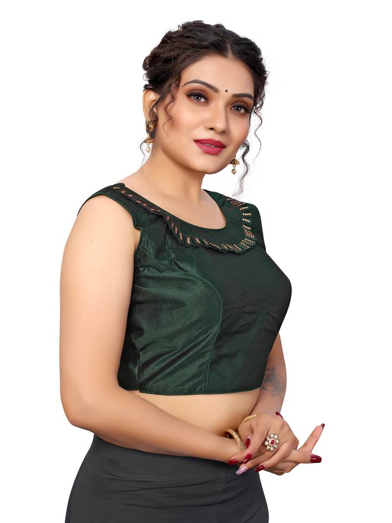 DARK GREEN EMBLISHED WORK BHAGALPURI SILK STITCHED(PADDED) Blouse