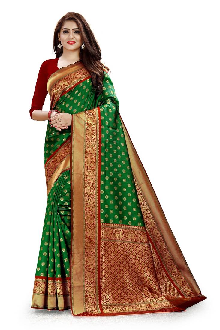 Green Color brocade silk woven saree with blouse