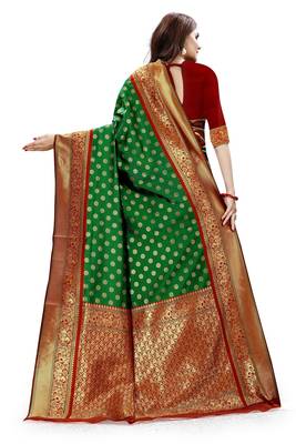 Green Color brocade silk woven saree with blouse 2