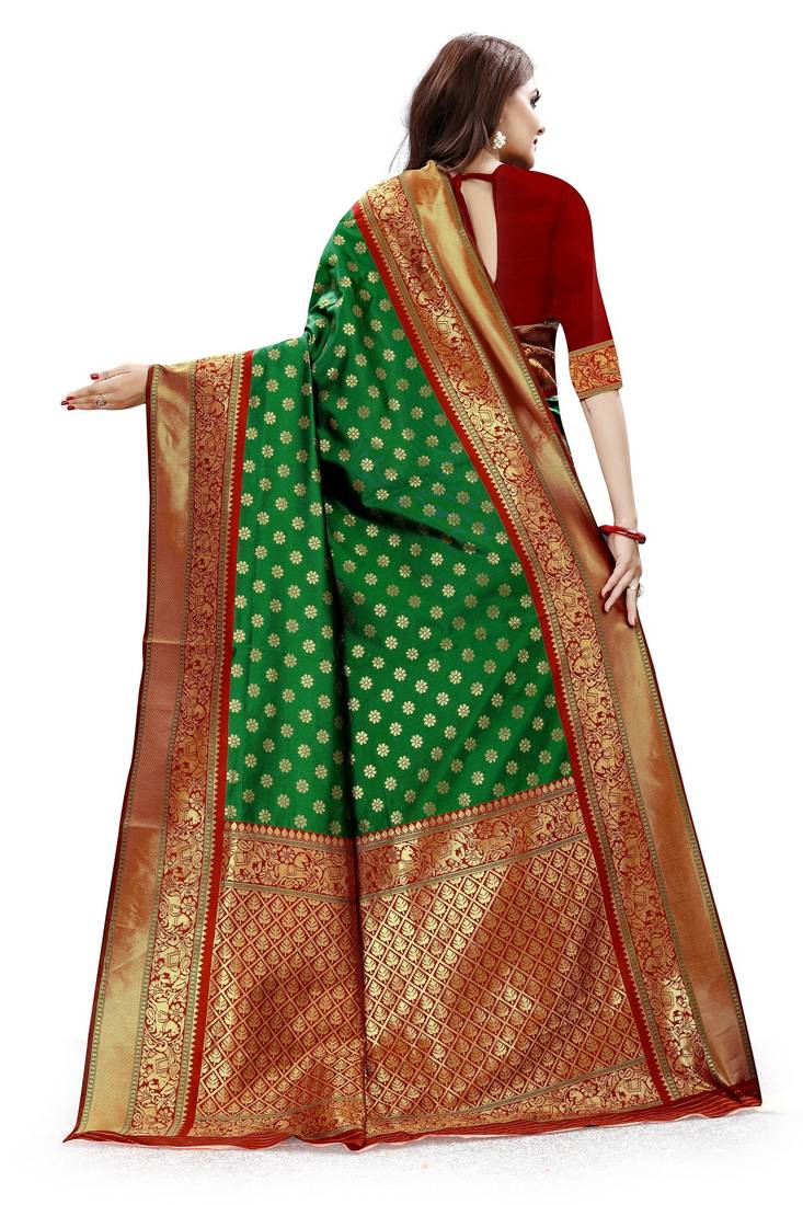 Green Color brocade silk woven saree with blouse