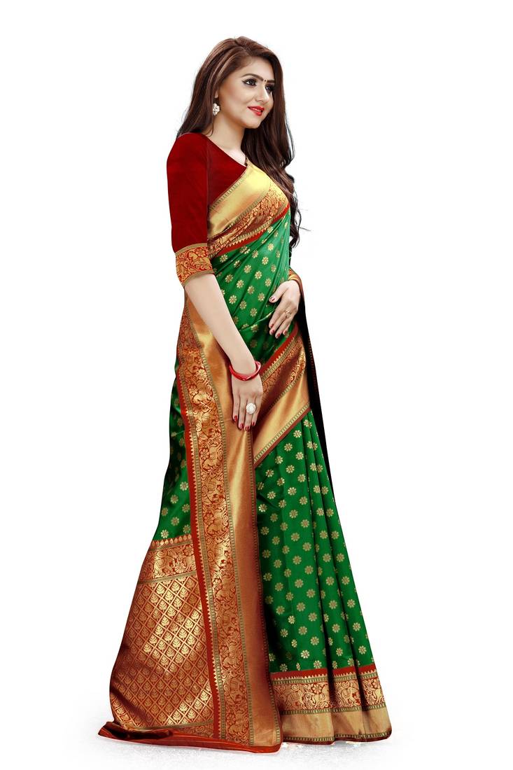 Green Color brocade silk woven saree with blouse