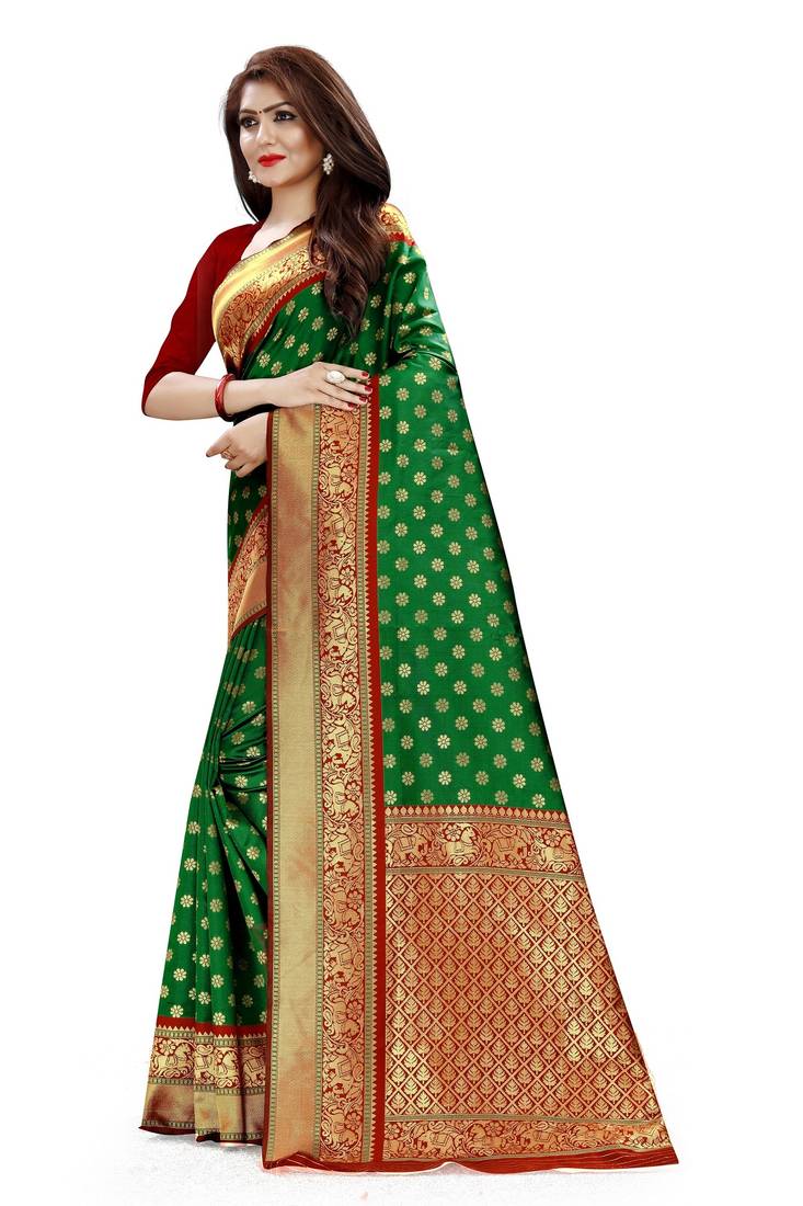 Green Color brocade silk woven saree with blouse