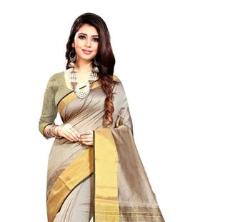 Beige woven chanderi silk saree with blouse 2