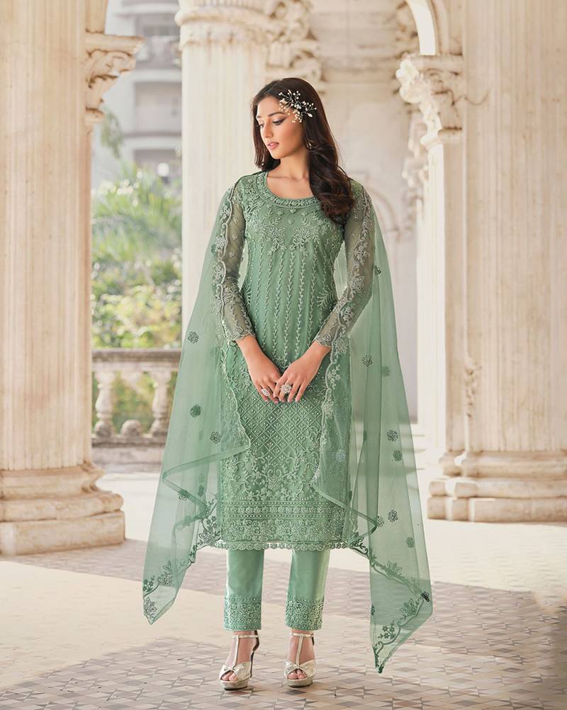 Sea-green embroidered net salwar