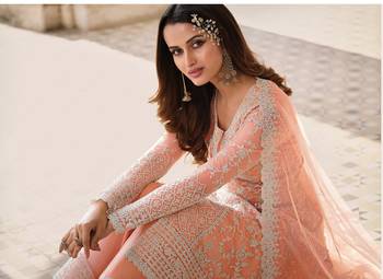 Peach embroidered net salwar 2