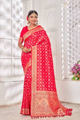 Red Color Women's Zari Silk Blend Banarasi Saree 1
