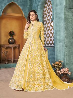 Yellow embroidered net salwar kameez 2