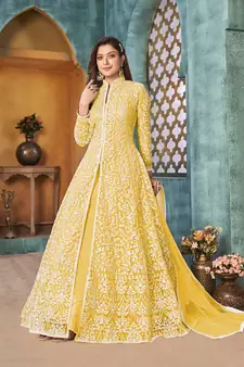 Yellow embroidered net salwar kameez