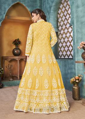 Yellow embroidered net salwar kameez 3