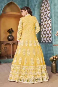 Yellow embroidered net salwar kameez