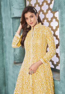 Yellow embroidered net salwar kameez 4