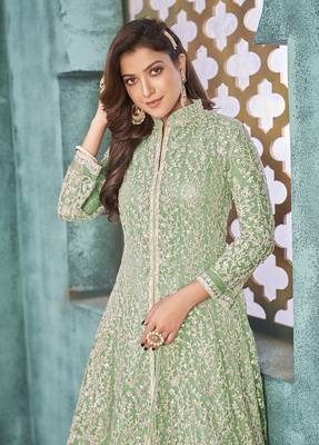 Sea-green embroidered net salwar 4