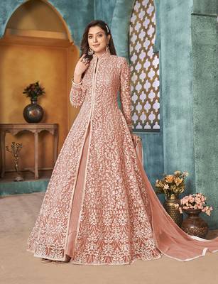 Peach embroidered net salwar kameez 1