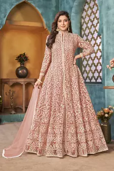 Peach embroidered net salwar kameez