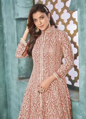 Peach embroidered net salwar kameez 4