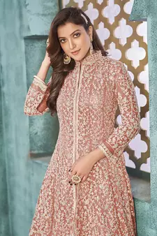 Peach embroidered net salwar kameez