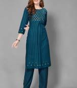 Teal-blue printed rayon ethnic-kurtis