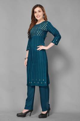 Teal-blue printed rayon ethnic-kurtis 2