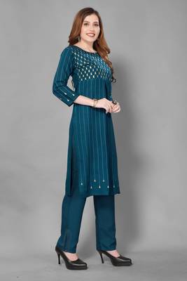 Teal-blue printed rayon ethnic-kurtis 3