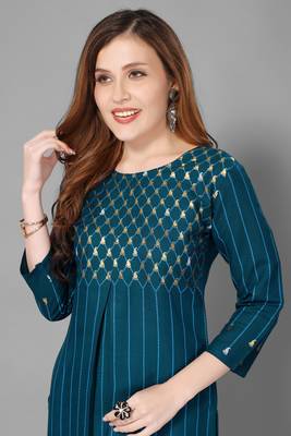 Teal-blue printed rayon ethnic-kurtis 5