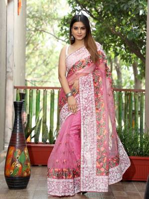 Pink Superb Soft Organza Lucknowi Thread Chikankari Work Saree 2