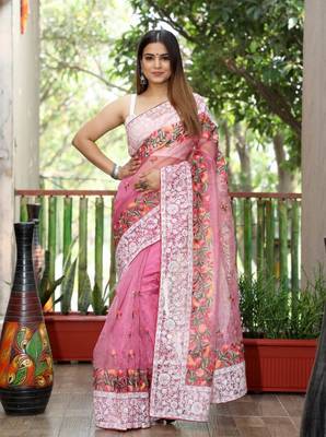 Pink Superb Soft Organza Lucknowi Thread Chikankari Work Saree 4