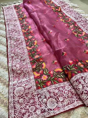 Pink Superb Soft Organza Lucknowi Thread Chikankari Work Saree 5