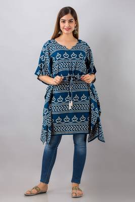 Teal-blue printed rayon ethnic-kurtis 4